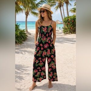 Bluenotes Tropical Floral Wide Leg Jumpsuit Smocked Bodice Sleeveless Blue Small